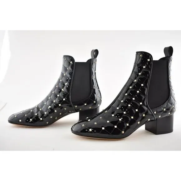 Valentino Rockstud Chelsea Spike Black Patent Stud Heel Short Ankle Bootie 37